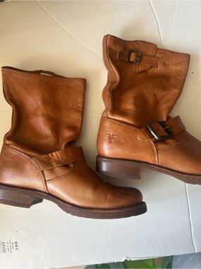 Frye Cognac Leather Lace-Up Mid-Calf Boots